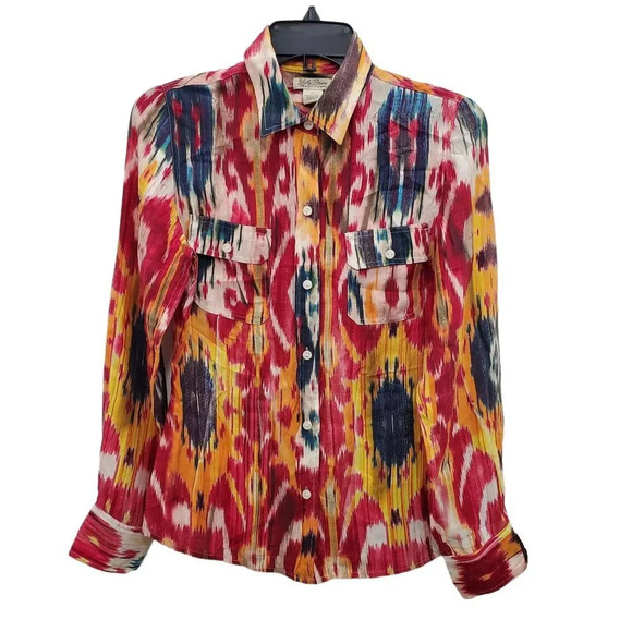 Lucky Brand Women's Multicolor Abstract 100% Silk Long Sleeve Button Up Shirt XS - Picture 1 of 4